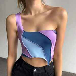 One Shoulder Asymmetrical Hem Colorblock Crop Top